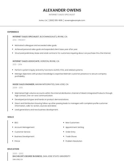 Internet Sales Specialist Resume