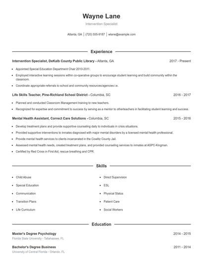 Intervention Specialist Resume