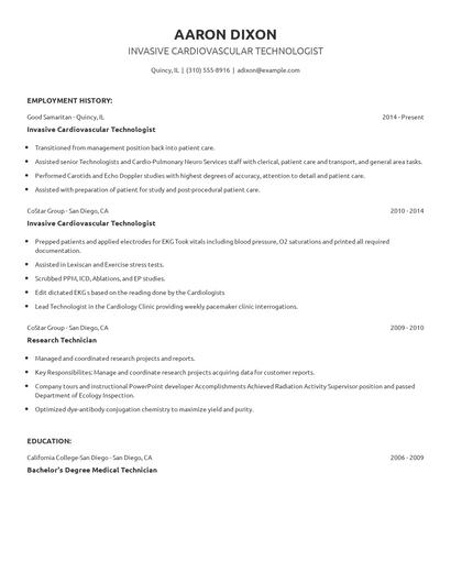 Invasive Cardiovascular Technologist Resume