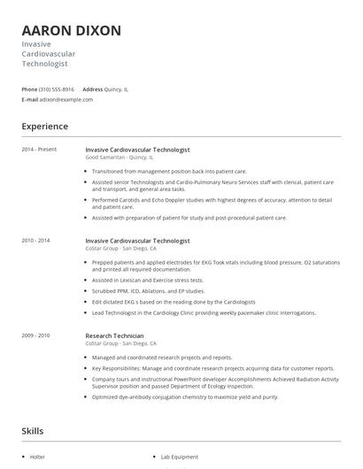 Invasive Cardiovascular Technologist Resume