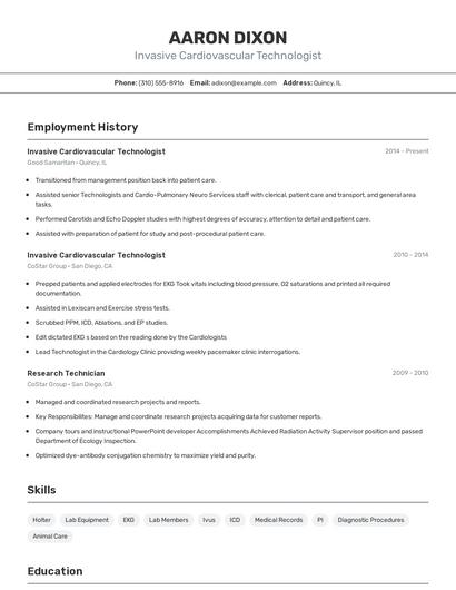 Invasive Cardiovascular Technologist Resume