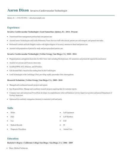Invasive Cardiovascular Technologist Resume