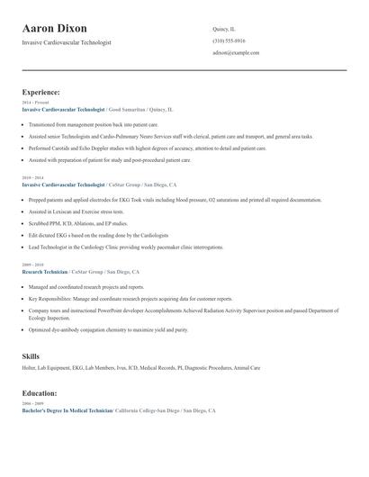 Invasive Cardiovascular Technologist Resume
