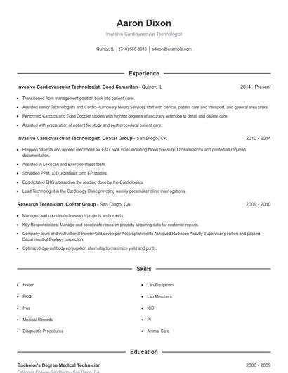 Invasive Cardiovascular Technologist Resume