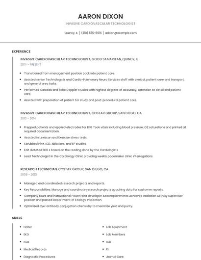 Invasive Cardiovascular Technologist Resume