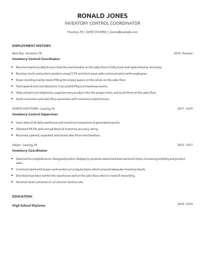 Inventory Control Coordinator Resume