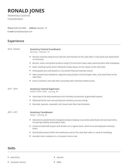 Inventory Control Coordinator Resume