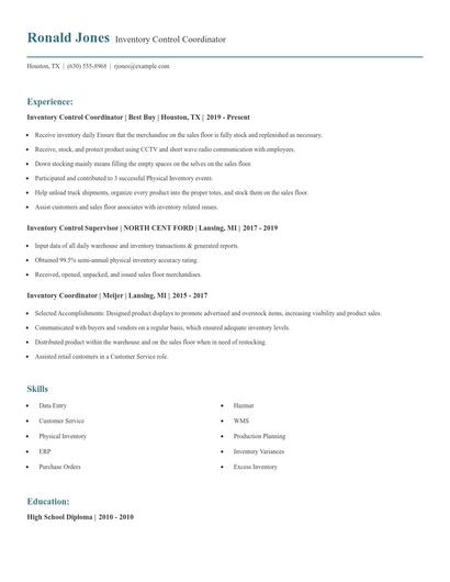 Inventory Control Coordinator Resume