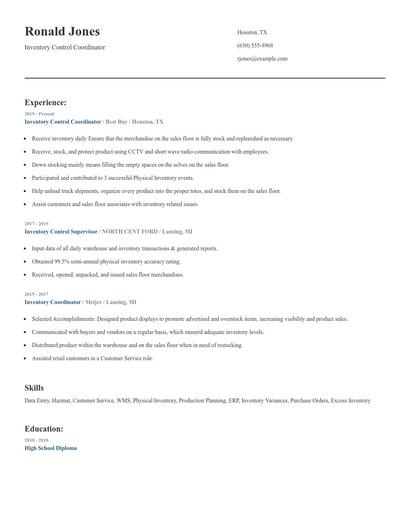 Inventory Control Coordinator Resume