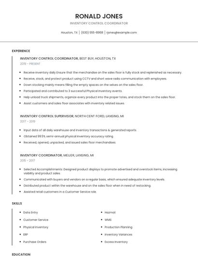 Inventory Control Coordinator Resume