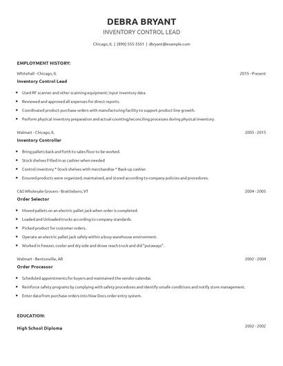 Inventory Control Lead Resume