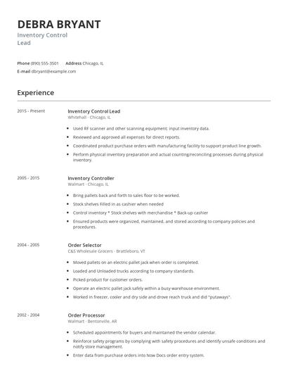 Inventory Control Lead Resume