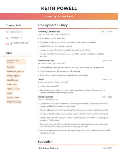 Inventory Control Lead Resume