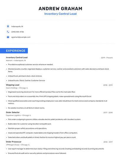 Inventory Control Lead Resume