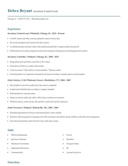 Inventory Control Lead Resume
