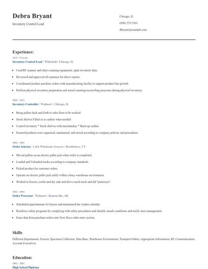 Inventory Control Lead Resume