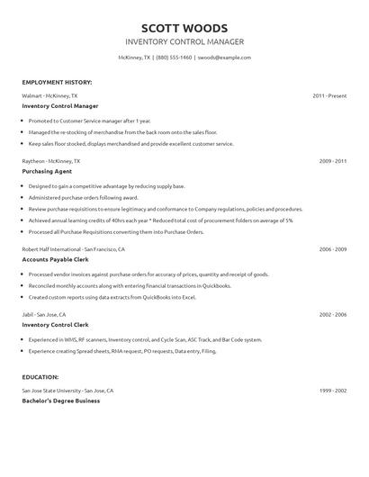 Inventory Control Manager Resume
