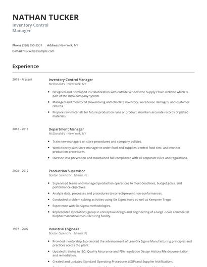 Inventory Control Manager Resume