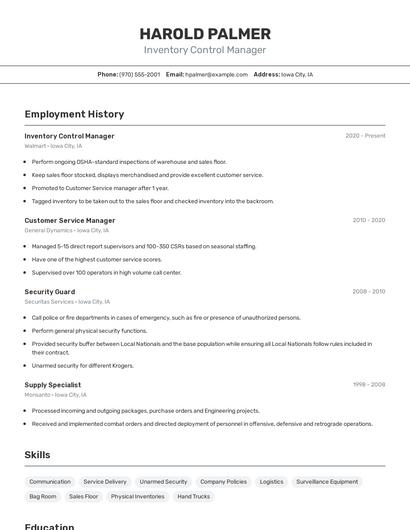 Inventory Control Manager Resume