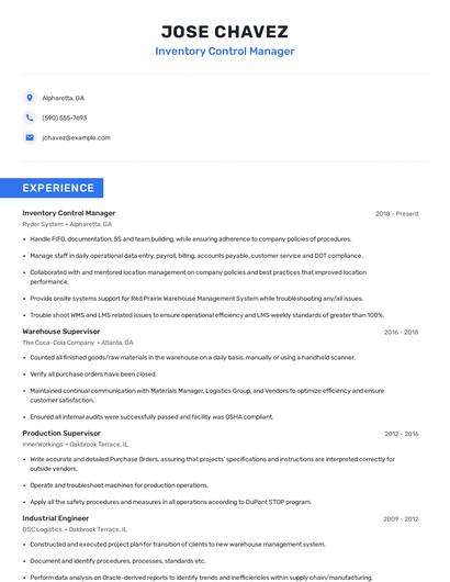 Inventory Control Manager Resume