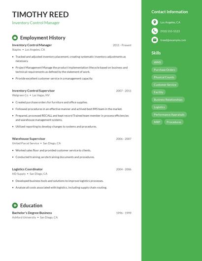 Inventory Control Manager Resume