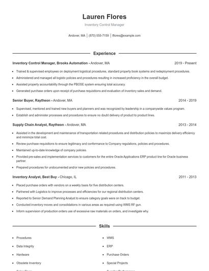 Inventory Control Manager Resume