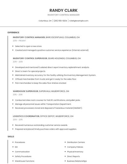 Inventory Control Manager Resume