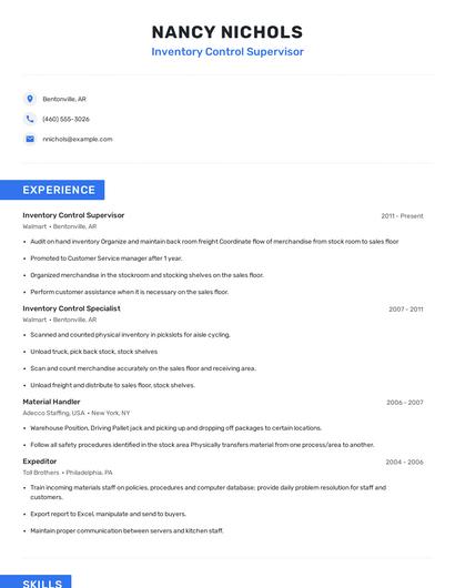 Inventory Control Supervisor Resume