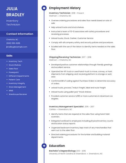 Inventory Technician Resume