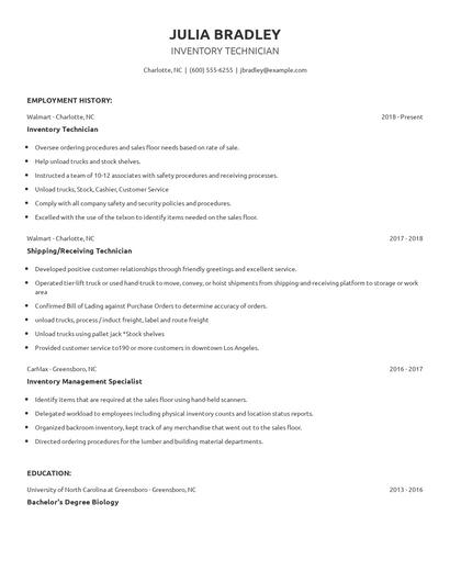 Inventory Technician Resume