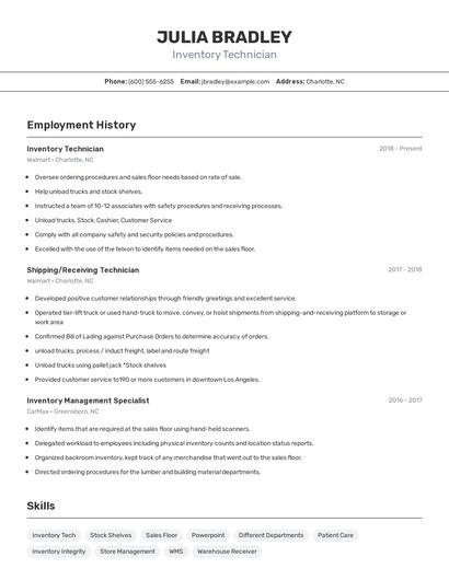 Inventory Technician Resume