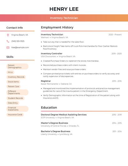 Inventory Technician Resume