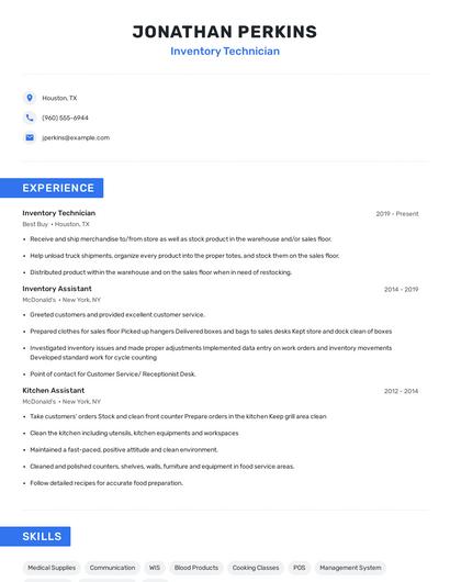 Inventory Technician Resume