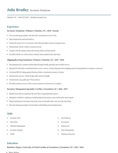 Inventory Technician Resume