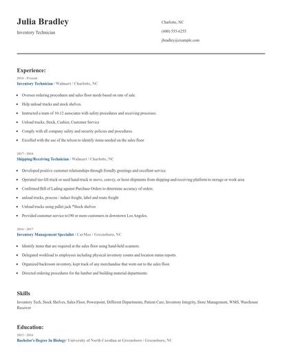 Inventory Technician Resume