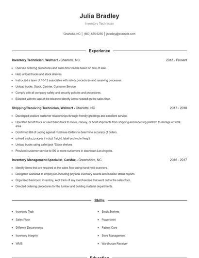 Inventory Technician Resume