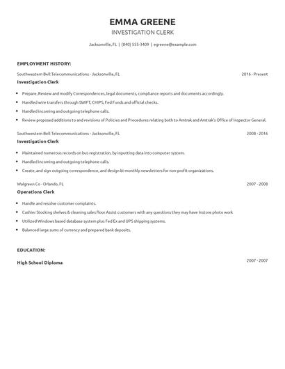 Investigation Clerk Resume