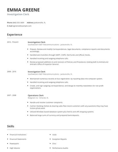 Investigation Clerk Resume