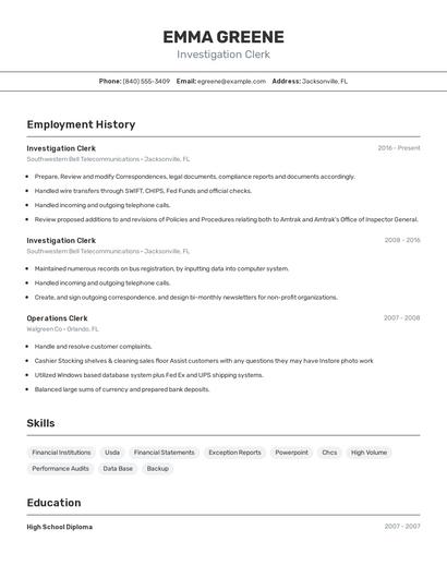 Investigation Clerk Resume