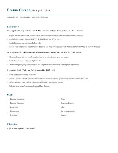Investigation Clerk Resume