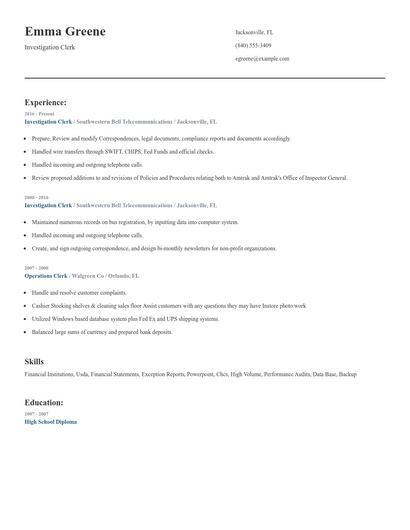 Investigation Clerk Resume