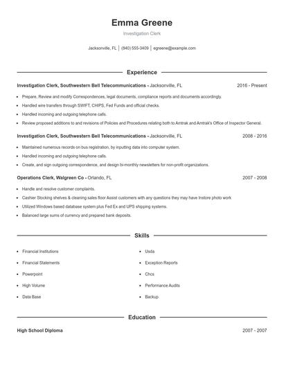 Investigation Clerk Resume
