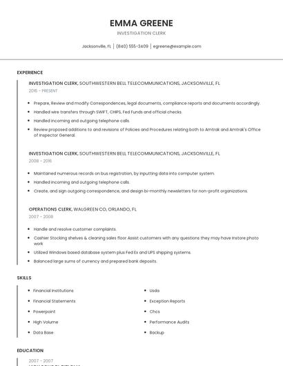 Investigation Clerk Resume