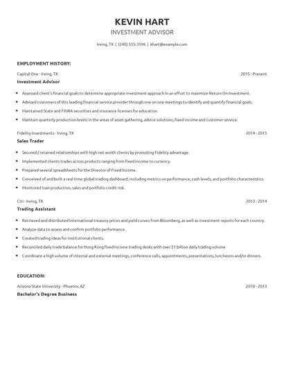 Investment Advisor Resume