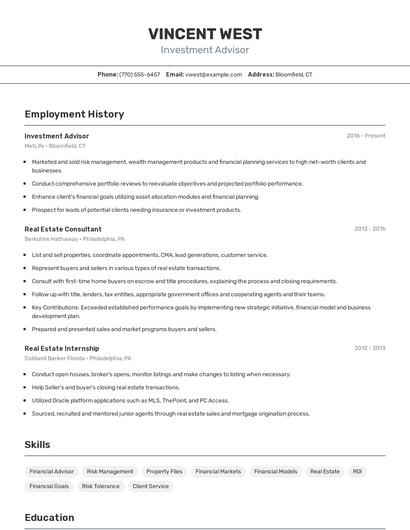 Investment Advisor Resume
