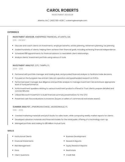 Investment Advisor Resume