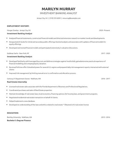 Investment Banking Analyst Resume