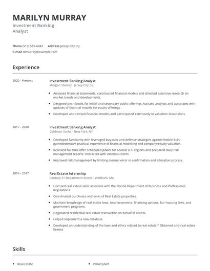 Investment Banking Analyst Resume