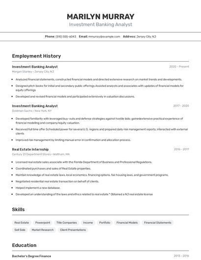 Investment Banking Analyst Resume