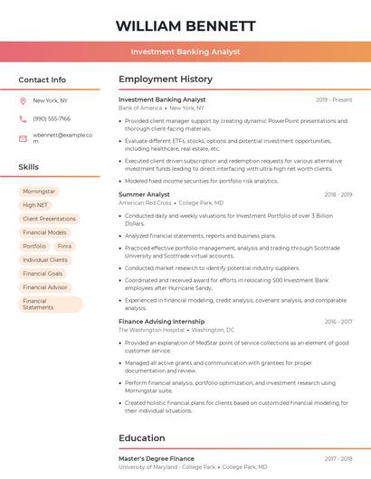 Investment Banking Analyst Resume